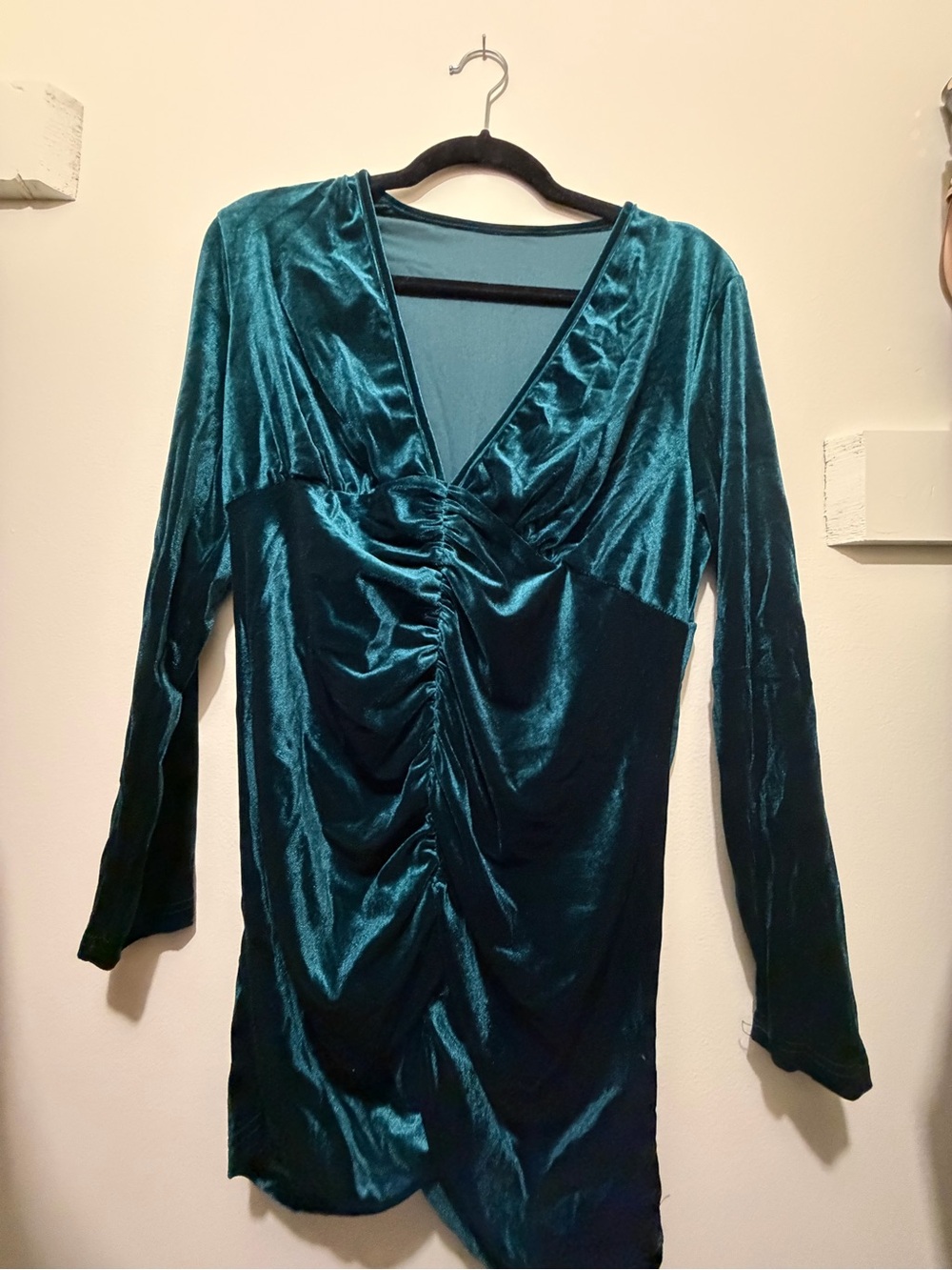 Velvet Ruched Long Sleeve Mini Dress - Teal
